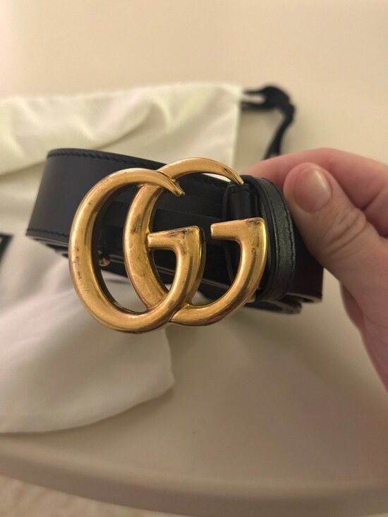 Gucci GG Marmont Double G Black Leather Belt Antique Gold Buckle Unisex main image 4